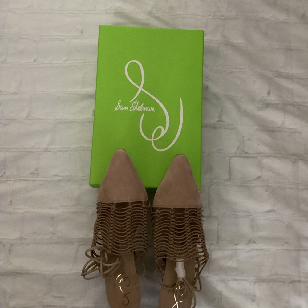 SAM ELDELMAN Woven Pointed-Toe Lace-Up Mules in Beige - Picture 5 of 6
